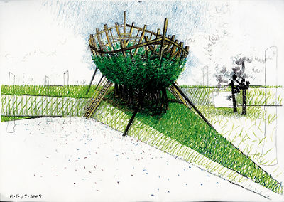 Zeichnung von der bewachsenen Arche (Mario Terzic, Arche aus lebenden Bäumen, 1998/2010-11)