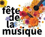 Festliches Werbeplakat mit Blumen und einem Musikinstrument. Der Schriftzug "Fête de la musique" ist prominent dargestellt.