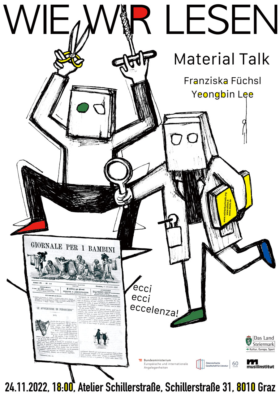 Zwei gezeichnete Figuren mit Schere, Korkenzieher, Lupe und Buch in Hand blicken auf die Zeitung Giornale per i Bambini Zwei gezeichnete Figuren mit Schere, Korkenzieher, Lupe und Buch in Hand blicken auf die Zeitung Giornale per i Bambini