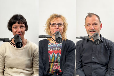 Petra Sieder-Grabner, Lydia Bißmann und Werner Schandor im Podcast-Studio "DAS POD"