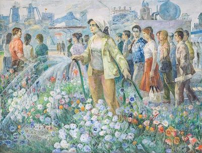 Agron Dine, Vaditja e Luleve, (Watering Flowers), 1981. Oil Painting, 240x180 cm. Courtesy of Pallati i Kulturës (Palace of Culture), Tirana, Albania.